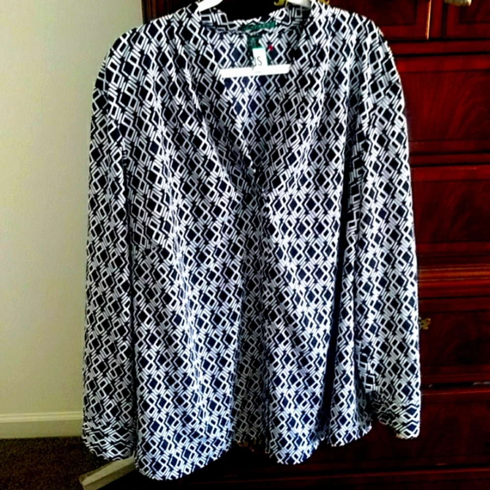 NWT Lauren Ralph Lauren Navy Blue & White V-Neck Plus Size Shirt Size 3X